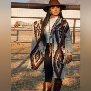 Aztec Patterned Open Front Thick Cardigan